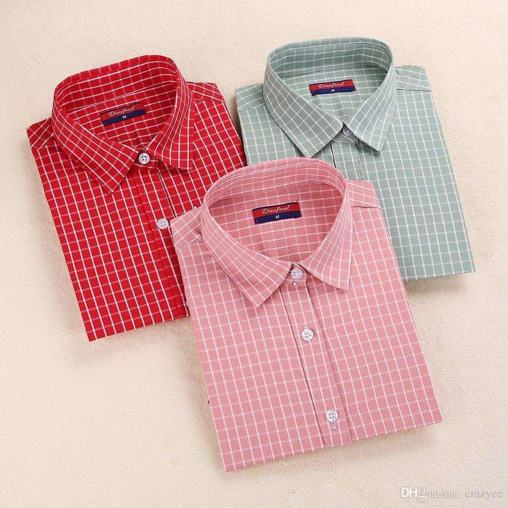 Women&#039;s Blouses & Shirts Brand New Womens Plaid Cotton Long Sleeve Tops Ladies Red Shirt Female Tartan Women J1NZ