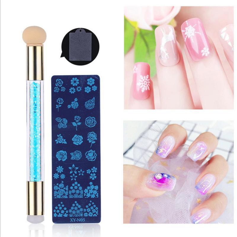 Nail Stamping Plates Set Silicone Sponge Brush Polish Transfer Stencils Flower Geometry DIY Template For Tool Art Kits