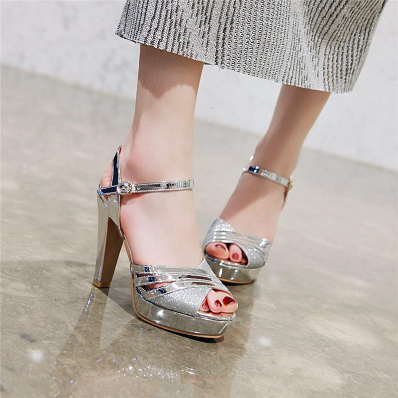 Sandals Summer Glitter Mirror Pu Gold Silver Bling Wedding Bridal Party High Heels Women Shoes Plus Size Platforms C87M