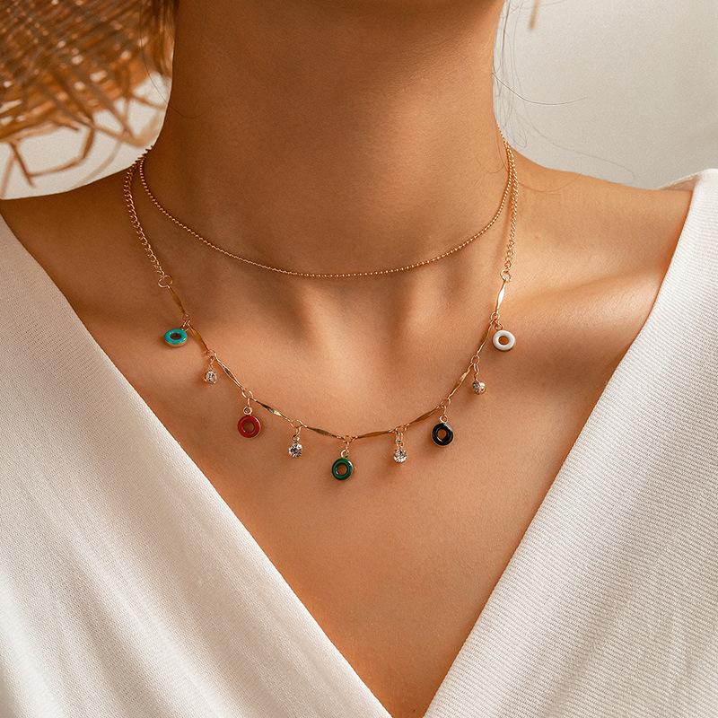 Cute Gold Color Double Chains Donuts Pendant Choker Necklace Women Colorful Bead Punk Bohemian Jewelry Gift Collier Necklaces