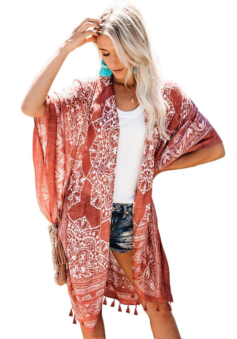 Women&#039;s Blouses & Shirts Women Floral Print Bohemian Long Kimono Cardigan Tassel Boho Tops Flare Sleeve Casual Beach Holiday Blous