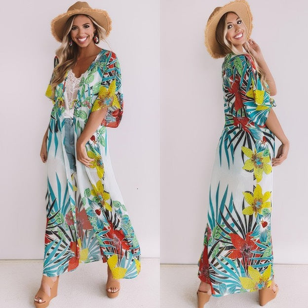 Women&#039;s Blouses & Shirts Green Bohemian Tropical Printed Half Sleeve Summer Beach Wear Long Kimono Cardigan Plus Size Women Swimwe