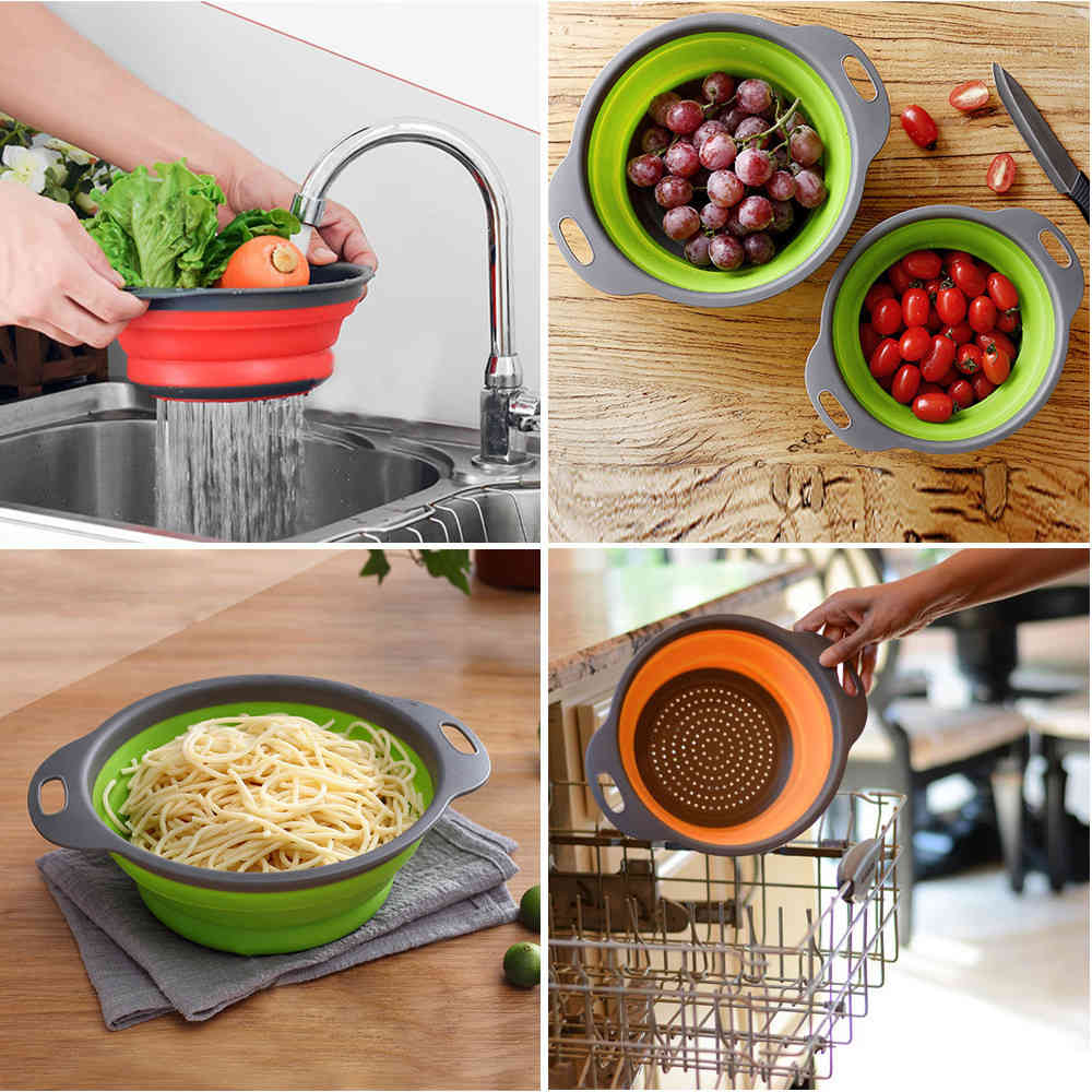 Folding vegetable fruit dishwasher basket orange-green-red silicone strainer for kitchen strainer kitchen tool