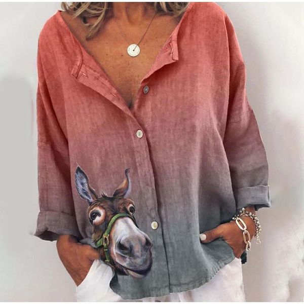 Autumn Women&#039;s Shirts Gradient Streetwear Donkey Print Loose Ladies Tops Long Sleeve Oversized Summer Female Casual Top Blouses &