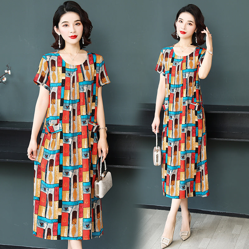 Plus Size Summer Women Dress Loose Casual O-Neck Beach Short Sleeve Long Stripe Skirts Vestidos