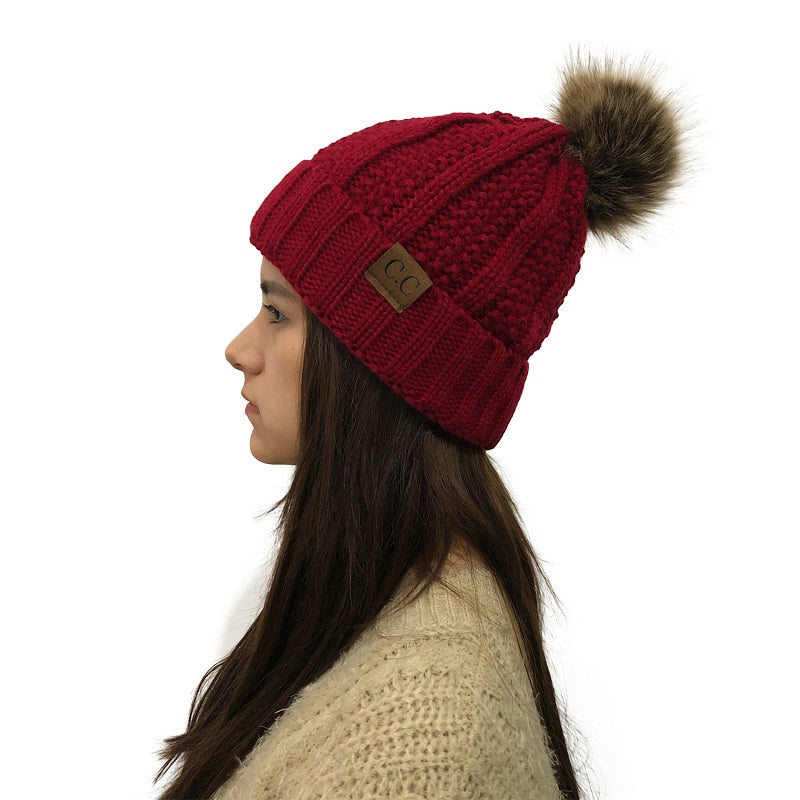 winter warm Brimless hat for women pom knit Female skull cap hockey beanie