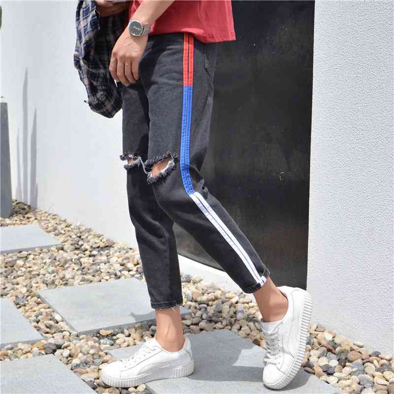 Men&#039;s Jeans Summer striped Cut hole teenagers men&#039;s pants youth knee-hole jeans Korean slim pencil 0ED9