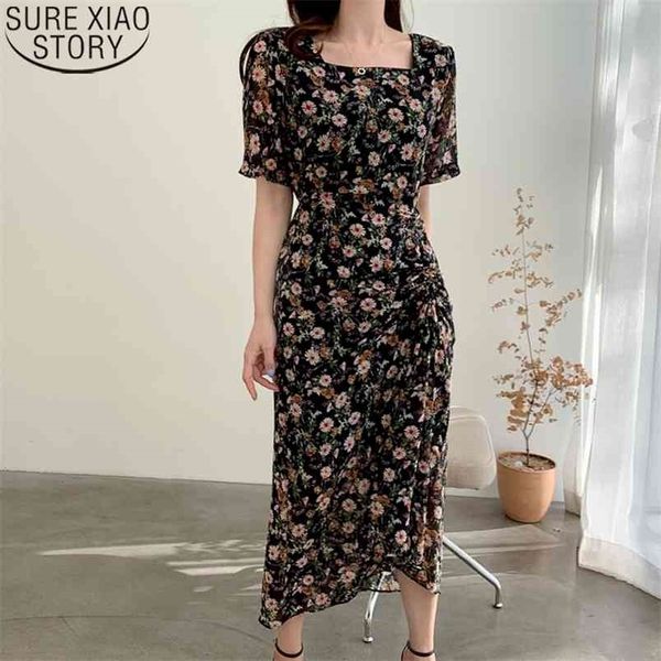 Floral Print Dress Women Plus Size Korean Chic Elegant Square Collar All Match Summer Pleated Waist Thin Dresses Vestidos 14536 210506