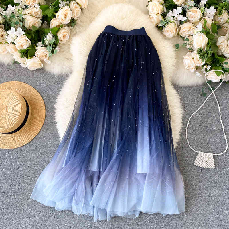 Skirts Bling Fairy Starry Metallic A-line Long Tulle Gradient Color Lush Puff Maxi Lpng Mesh DMKT