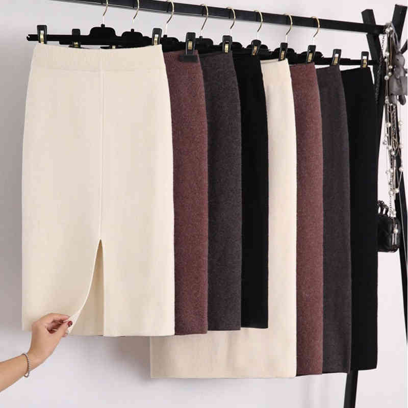 Skirts Winter Thickening Wool Blend Split Mid Knitted Skirt Cashmere Warm Hip Slim Mid-calf Knit 2 Length 4 Colors T5AN