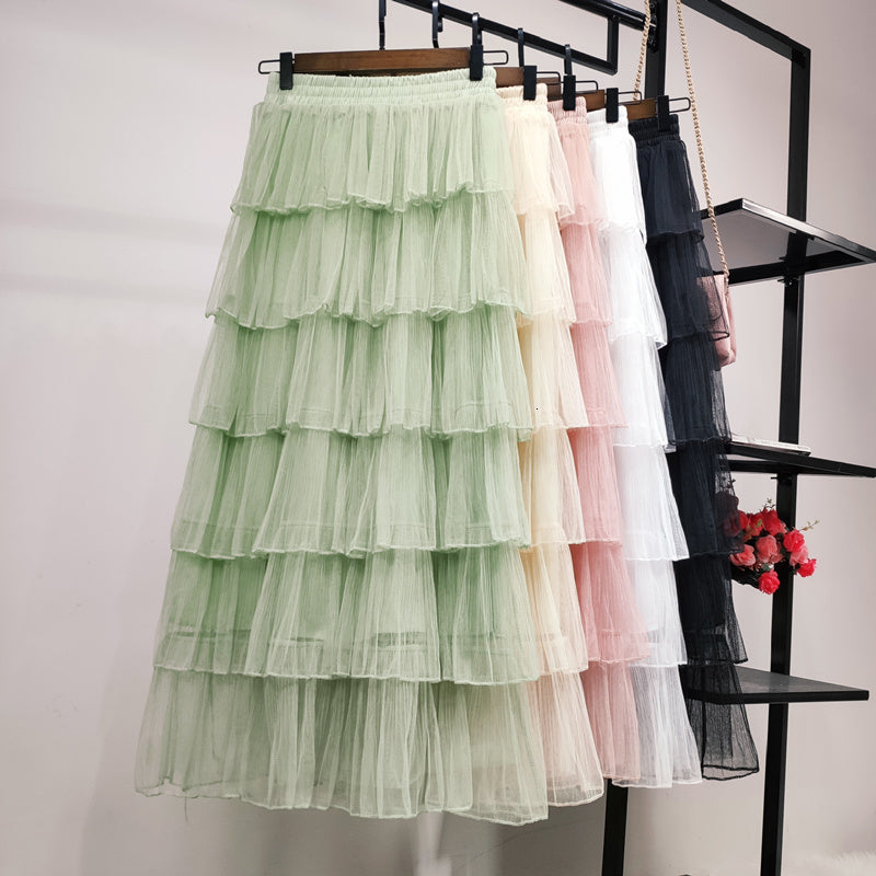 Skirts Candy Cakee A-line Maxi Long Tulle High waist Multi-layered Tiered Puffy Mesh Fairy Ankle 9YIJ