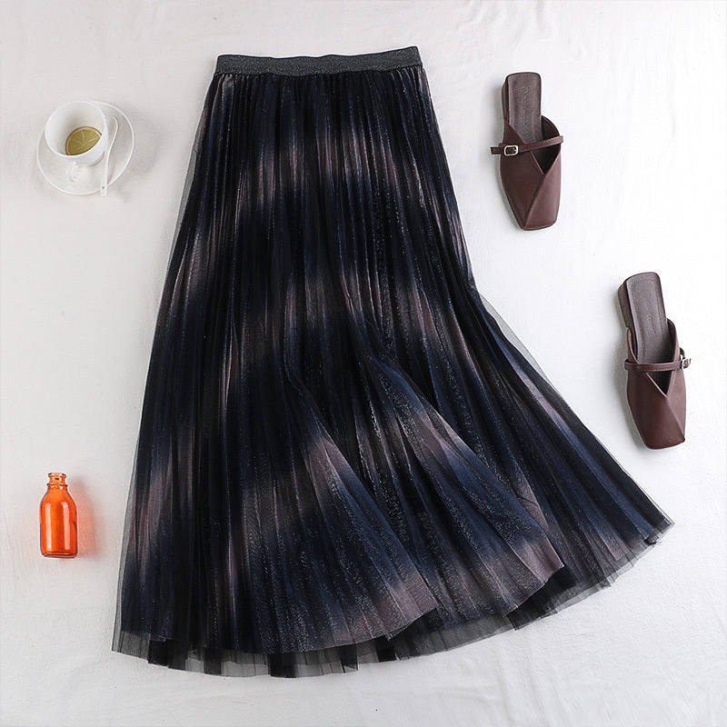 Skirts Autumn Winter A-line Tie Dye Puff Layered Tulle Long Pleated Gradient Metallic Mesh V6RG