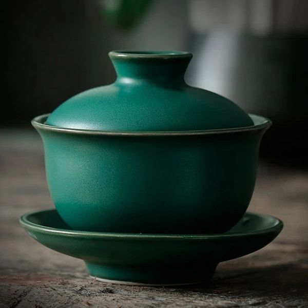 Retro Coarse Pottery Gaiwan Japanese Style Dark Green Glaze Ceramic Tea Tureen Bowl