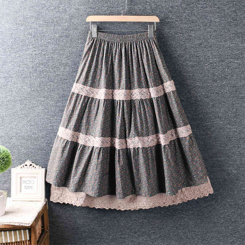 Skirts 3 Colors -- Lamtrip 2021 Spring Colorful Full Little Flowers Rustic Lolita Layers Cotton Skirt Saia Boho Style Long Boutiqu