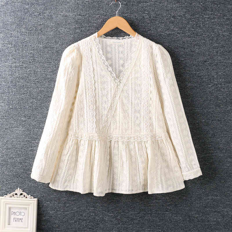 Women&#039;s Blouses & Shirts Japanese small fresh V-neck heavy industry embroidery cotton linen doll shirt top 9TZQ