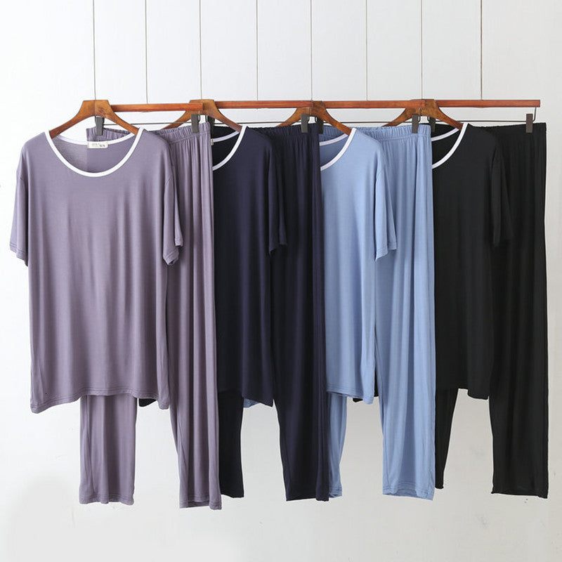 Women&#039;s Sleepwear Modal Man Pajamas Set Short Sleeve Shirt Pants 2Piece-Set Cool Summer Casual Black Men Elastic Big Size Solid Ho