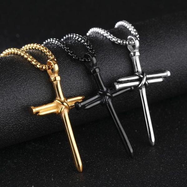 Stainless Steel Black Gold Cross Nails Men Necklaces Pendants Chain Punk For Boyfriend Male Jewelry Creativity Gift Wholesale Chains