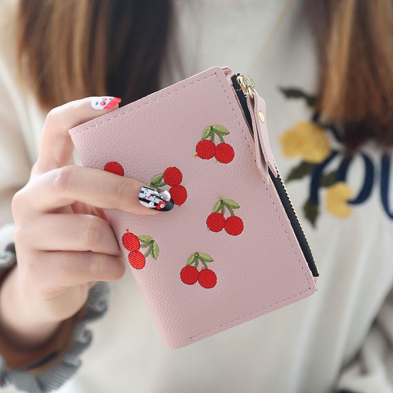 Fashion Women Short Wallet Small Zipper Purse Cherry Embroidery Coin Cute Simple Card Holders Lady Girl Mini Money Bag Wallets
