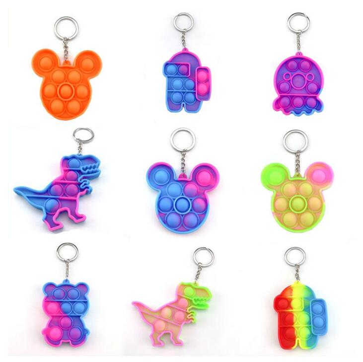 Fidget it Toy Party Favor Sensory Jewelry key Chains Push Poo its Bubble Cartoon Simple Dimple toys Keychain Stress Reliever DHL HJ09
