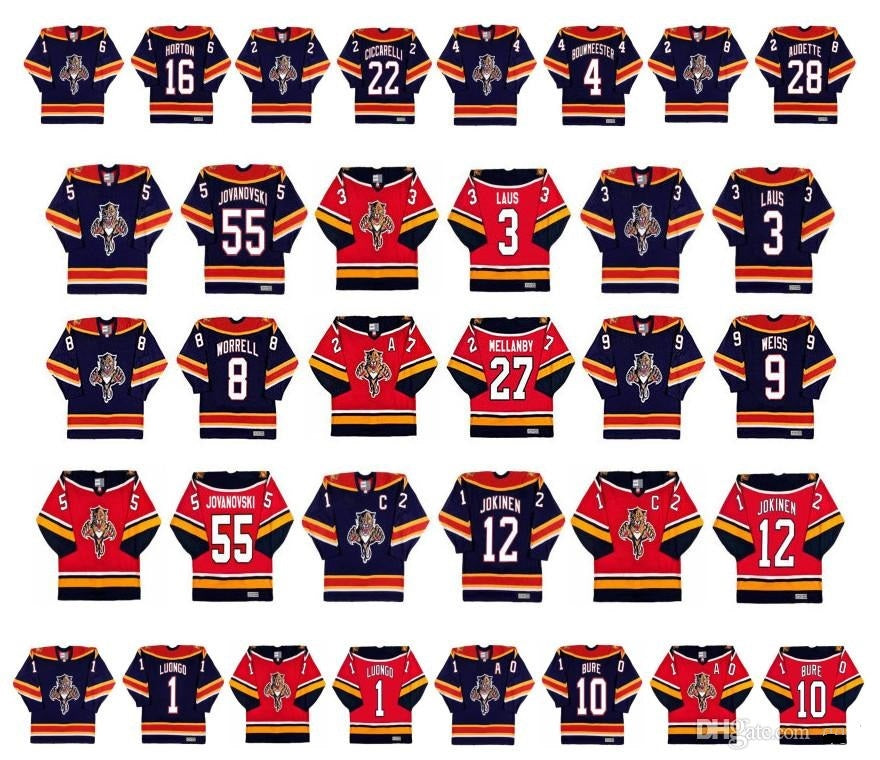 Vintage Florida Panthers Jerseys 8 Peter Worrell 9 Stephen Weiss 27 Scott Mellanby 3 Paul Laus 55 Ed Jovanovski 12 Olli Jokinen Retro Hockey