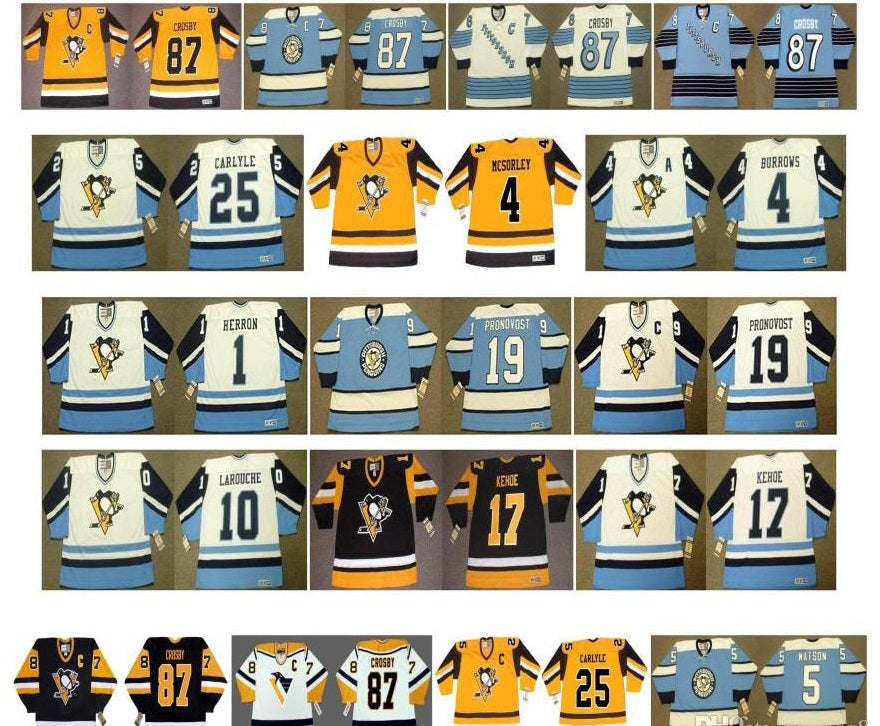 Vintage Pittsburgh Penguins Jerseys 17 RICK KEHOE 1 DENIS HERRON 19 JEAN PRONOVOST 10 PIERRE LAROUCHE 25 CARLYLE 4 Burrows CCM Custom Hockey