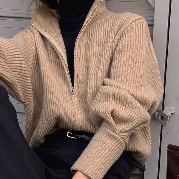 Chic Casual Spring Woman&#039;s Fashionable High Collar Zipper Loose Warm Long Sleeve Knitted Sweater Coat ZT1485 210510