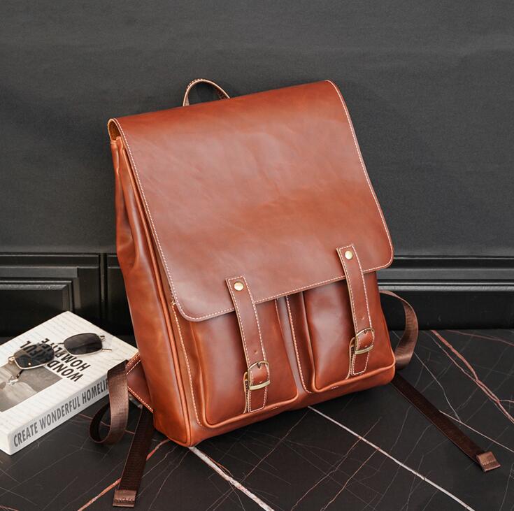 Factory wholesale men bag college belt decoration student shoulder bags retro crazy horse leather backpacks outdoor travel flip leathers leisure han