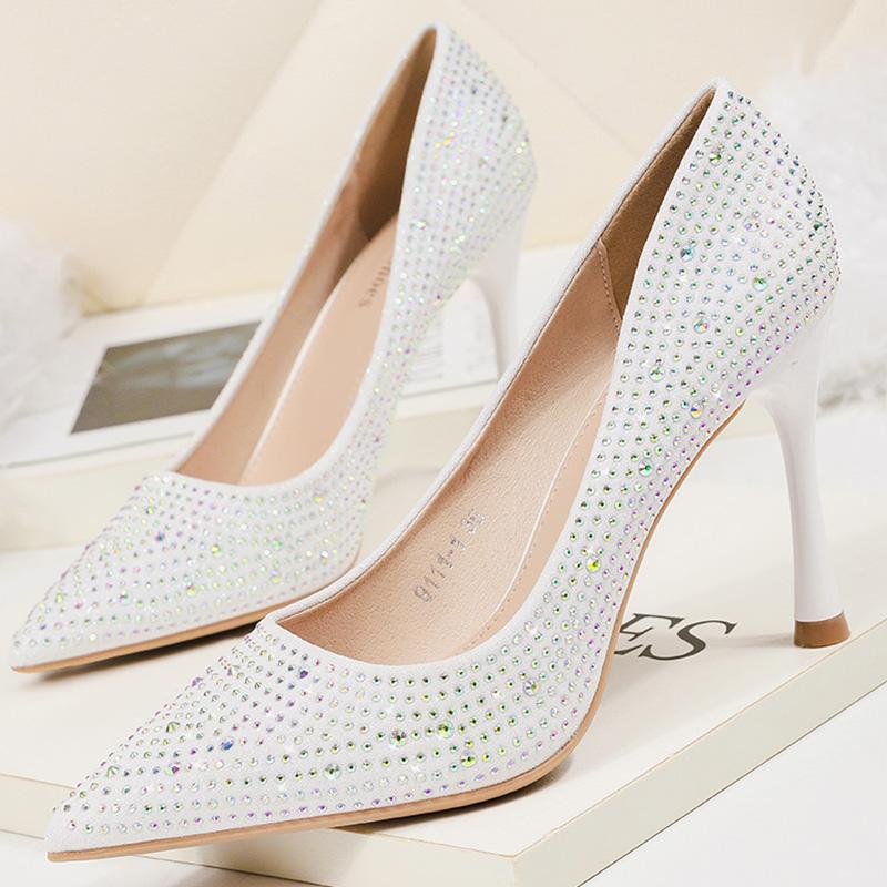 Women 9.5cm 6.5cm Low High Heels Glitter Crystal Pumps Lady Elegant Pink Wedding Bridal Scarpins Rhinestone Red Dress Shoes