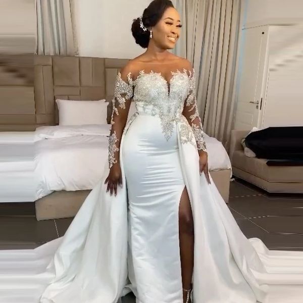 Charming Aso Ebi Mermaid Wedding Gowns: Overskirt Slit, Sheer Neck, Plus Size, Long Sleeve, Crystals Beaded For Bridal & Party