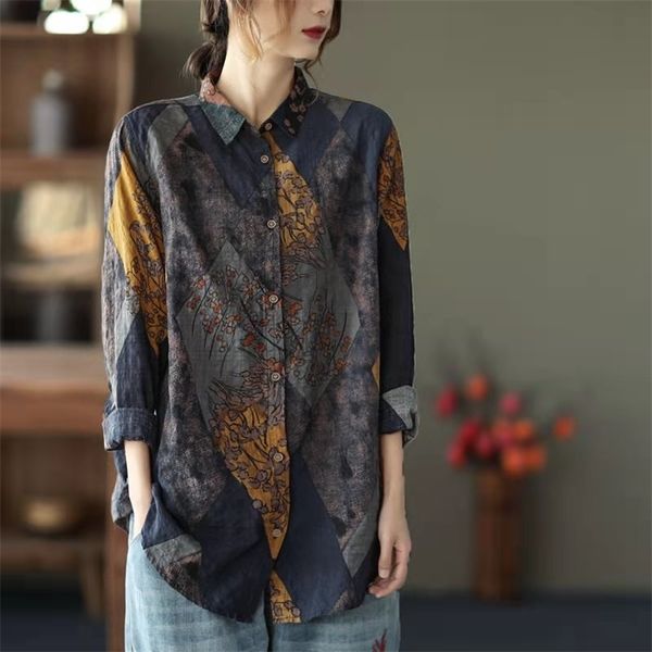 Arrival Spring-autumn Arts Style Women Cotton Vintga Print Long Sleeve Blouse Single Breasted Turn-down Collar Shirt W25 210512