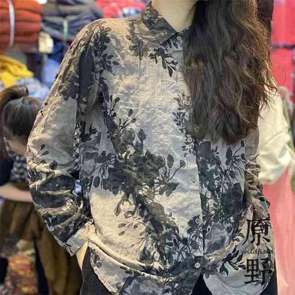 Spring Arts Style Women Long Sleeve Loose Turn-down Collar Blouse Vintage Print Cotton Linen Shirts Femme Tops V168 210512