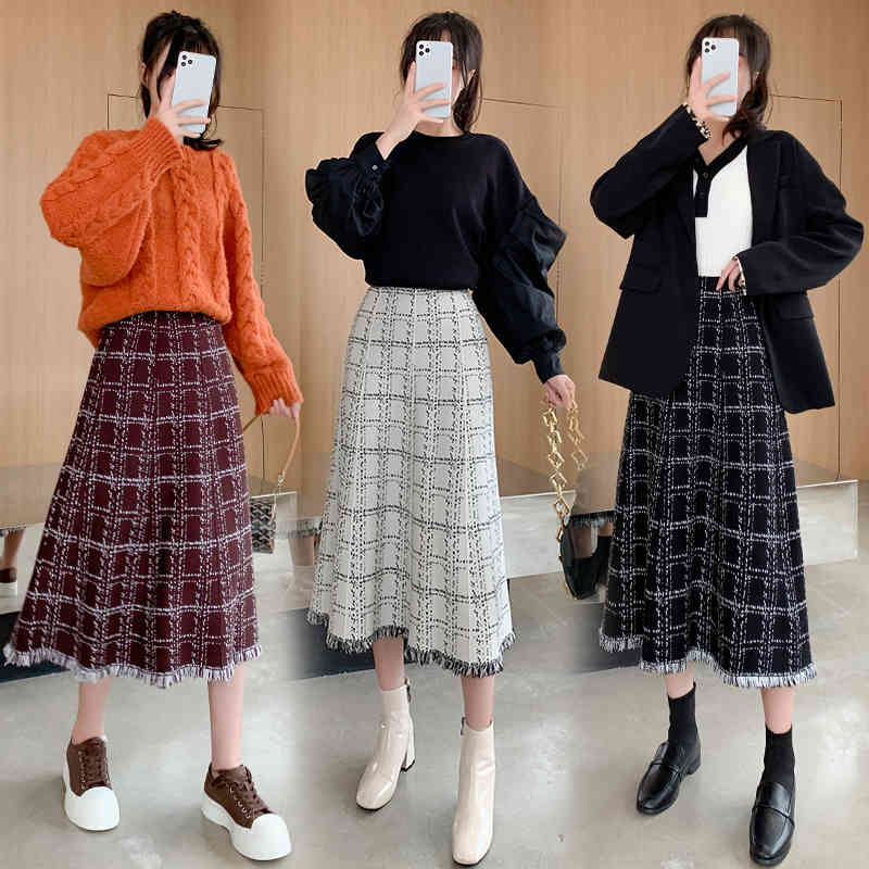 Skirts Autumn Winter Long Woolen Women Fashionable High Waist Plaid With Tassel Black Red White Maxi 71S7