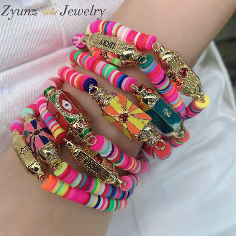 Beaded, Strands 5PCS, Hexagon Enamel Connector Charm Bracelets, Gold Color Bracelet, Polymer Clay Female Beaded Bracelets