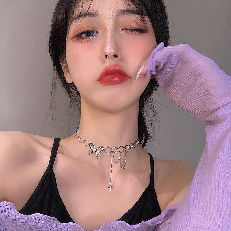 Hollow Butterfly Cross Long Tassel Punk Link Chain Necklace Clavicle Choker Women Gift Chains