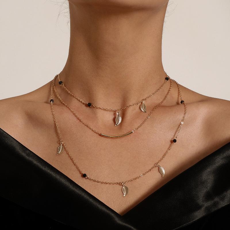 Black Beads Small Leaf Tube Pendants Necklace For Women Gold Silver Color Layered Necklaces Female 2021 Fashion Jewelry Chokers
