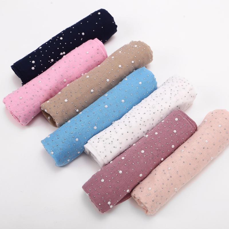 Pc Women&#039;s Plain Iron Beads Scarf Cotton Scarves Studs Silver Pearls Muffler Headband Wrap Muslim Shawls Bandanas