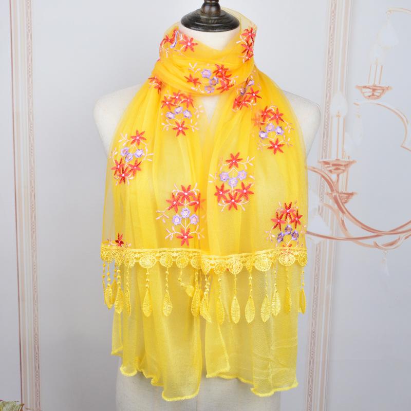 Lace Double Embroidered Flower Scarf Solid Color Patchwork Tassel For Women Wrap Shawl Stole 110 Scarves