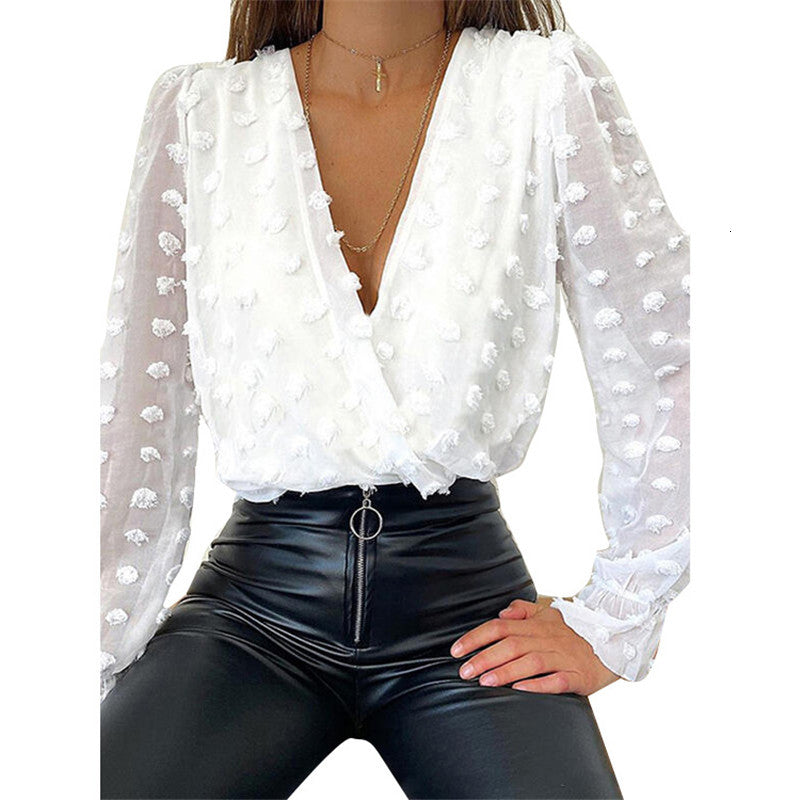 Women&#039;s Polos Spring Long Sleeve White Wrap Blouses Chiffon Women Loose Print Fashion Shirt Ladies V Neck Black Office Chic Tops 2