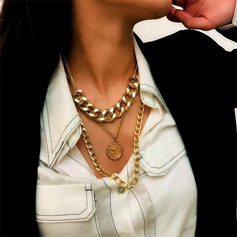 Pendant Necklaces Design Multi Layers Metal Human Head Chokers Necklace Women Gold Coin Circle Vintage Chains WNW111