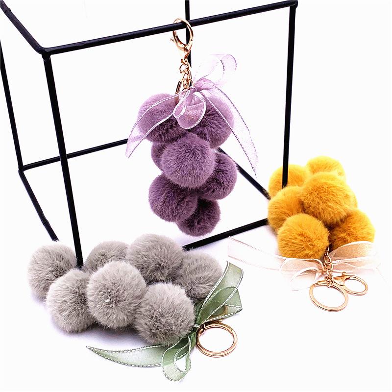 Keychains Creative Lace Bow Fruit Grape Keychain Cute Bag Plush Pendant Hair Ball Car Trinket Key Chain For Children Kid Girl Gift Keyring