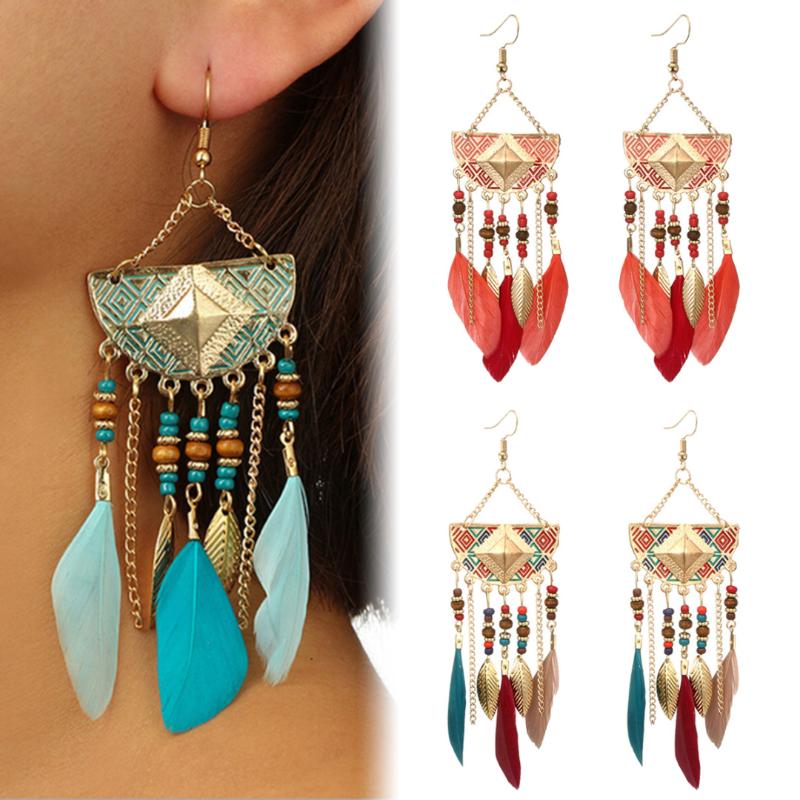 Dangle & Chandelier Fashion Geometric Semicircle Long Tassel Drop Earring Small Mixed Beads Feather Shellhard Statement Jewelry Gift