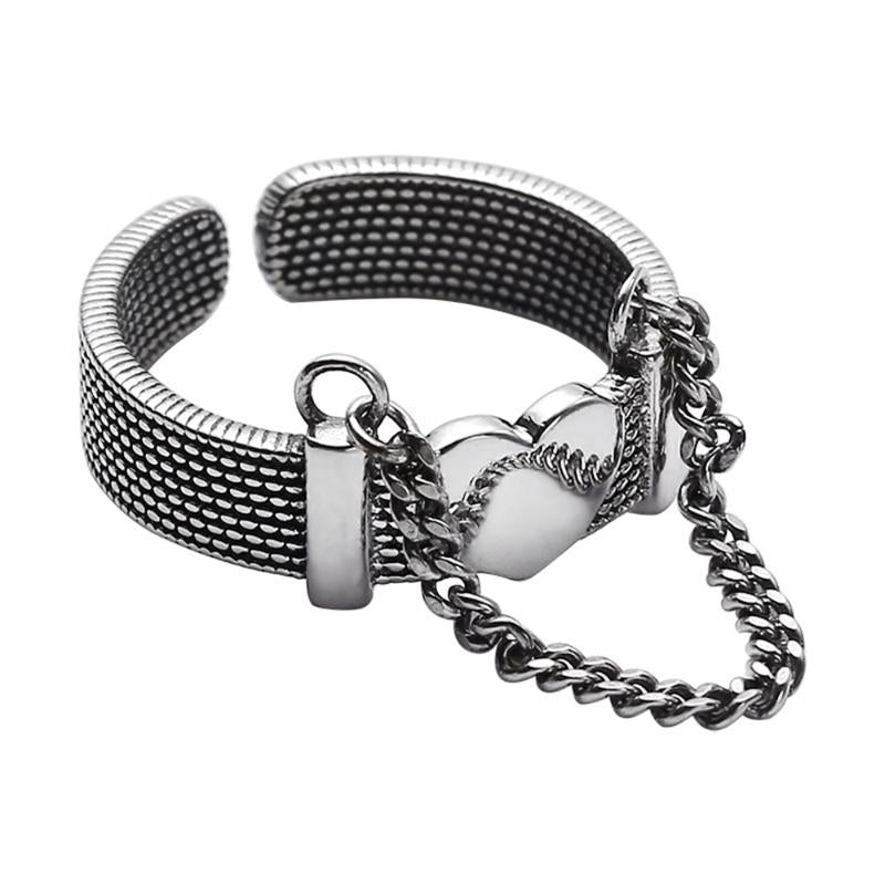 Cluster Rings 925 Sterling Silver Ring Vintage For Women Elegant Big Heart Adjustable Chain Tassel Fine Jewelry Gift