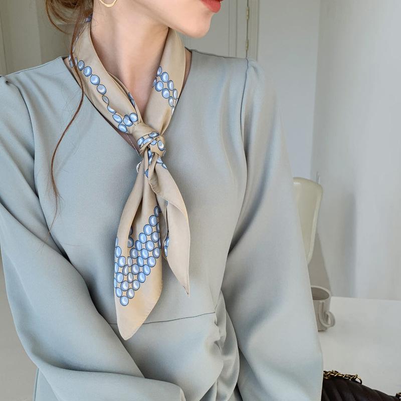 Scarves South Korea Dongdamen Small Silk Scarf Fashionable 70cm Simulation Satin Medium Square Pearl Necklace