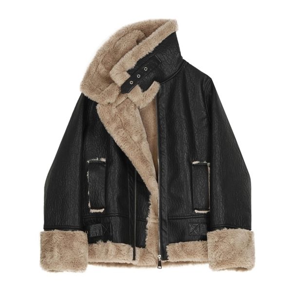 Women&#039;s Faux Fur Leather Jacket, Warm Winter Plush Thick Outerwear, Wool Collar Zipper Basic Jackets 210 B4