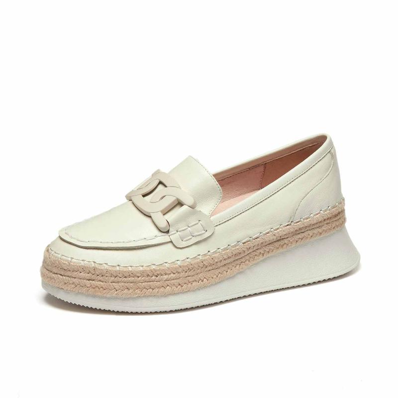 Dress Shoes Leisure Preppy Style Full Grain Leather Metal Decorations Wedges Round Toe High Heel Straw Classics Women Pumps L87