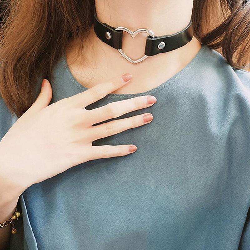 Chokers Doreen Box Punk Style Heart Metal Transparent-Black PU Leather Collar Choker Necklace Set Adjustable For Women Jewelry, 2PCs-Set