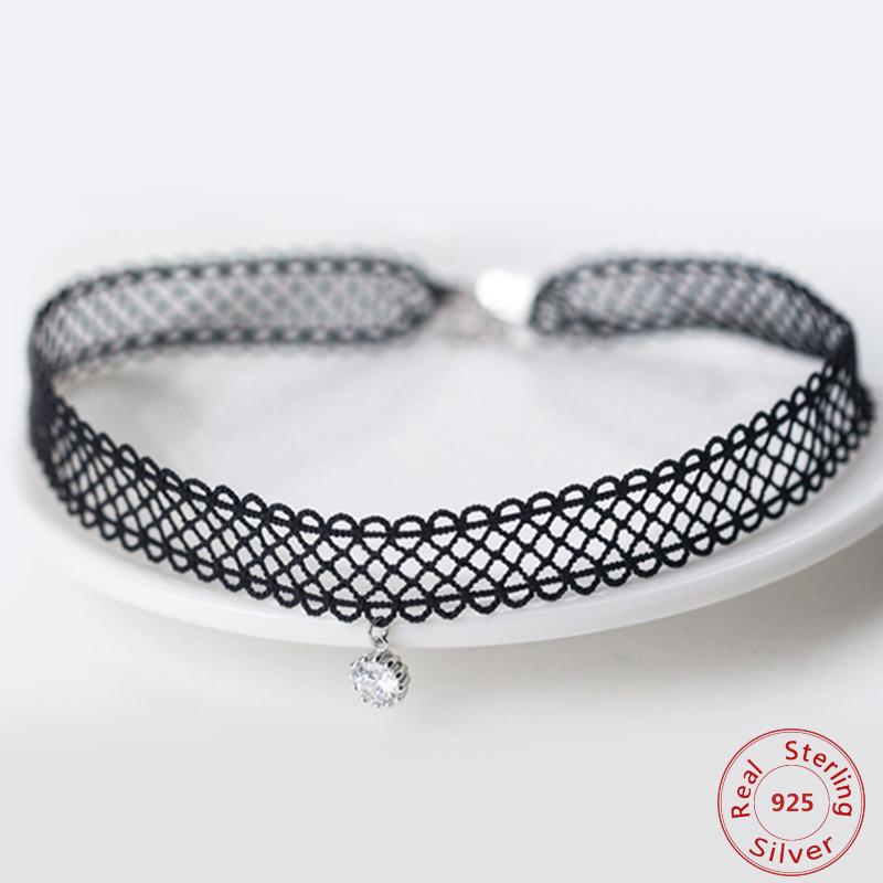 Chokers Elegant Black Lace And 925 Sterling Silver Choker Necklace Womens Steampunk Jewelry