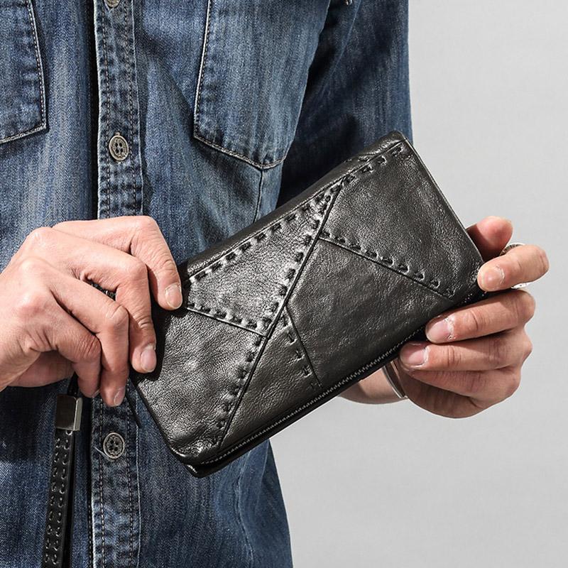 Wallets Handmade Leather Wallets, Men&#039;s Long Zipper Personalized Sheepskin Youth Retro Trendy Clutches