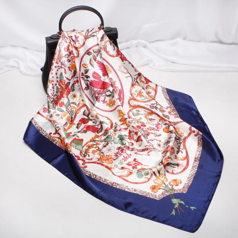 Scarves FXAASS Bandana Women Hijab Square Scarf Fashion Ladies Retro Luxury Silk Shawl Flower Floral 90*90cm Cape Muslim Headscarf
