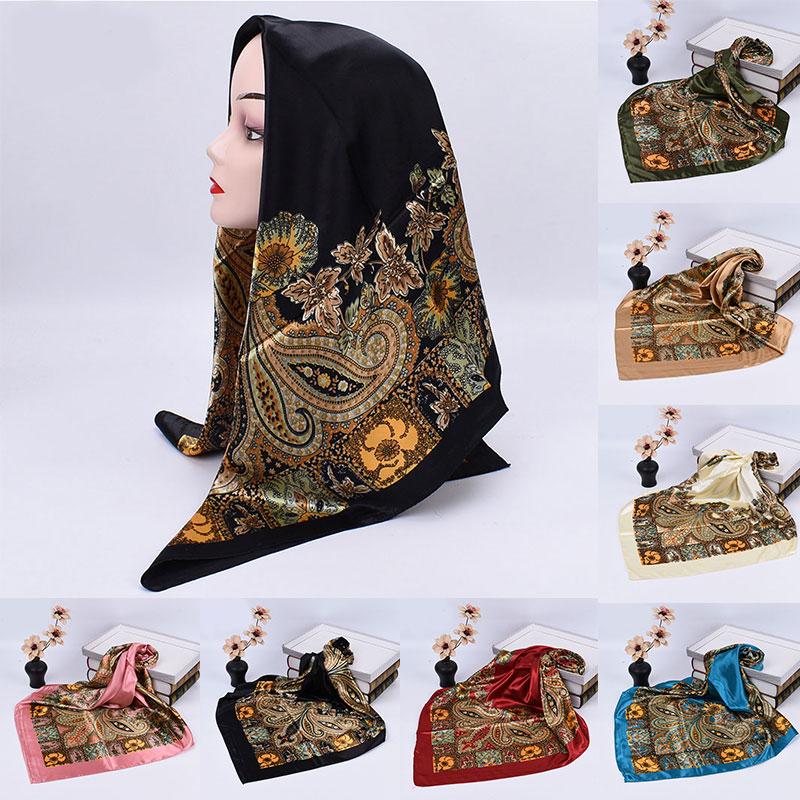 Scarves Square Satin Silk Shawl Cashew Flower Muslim Neckerchief Headband Hair Scarf Kerchief Women Luxury Pareo Hijab Bandanna
